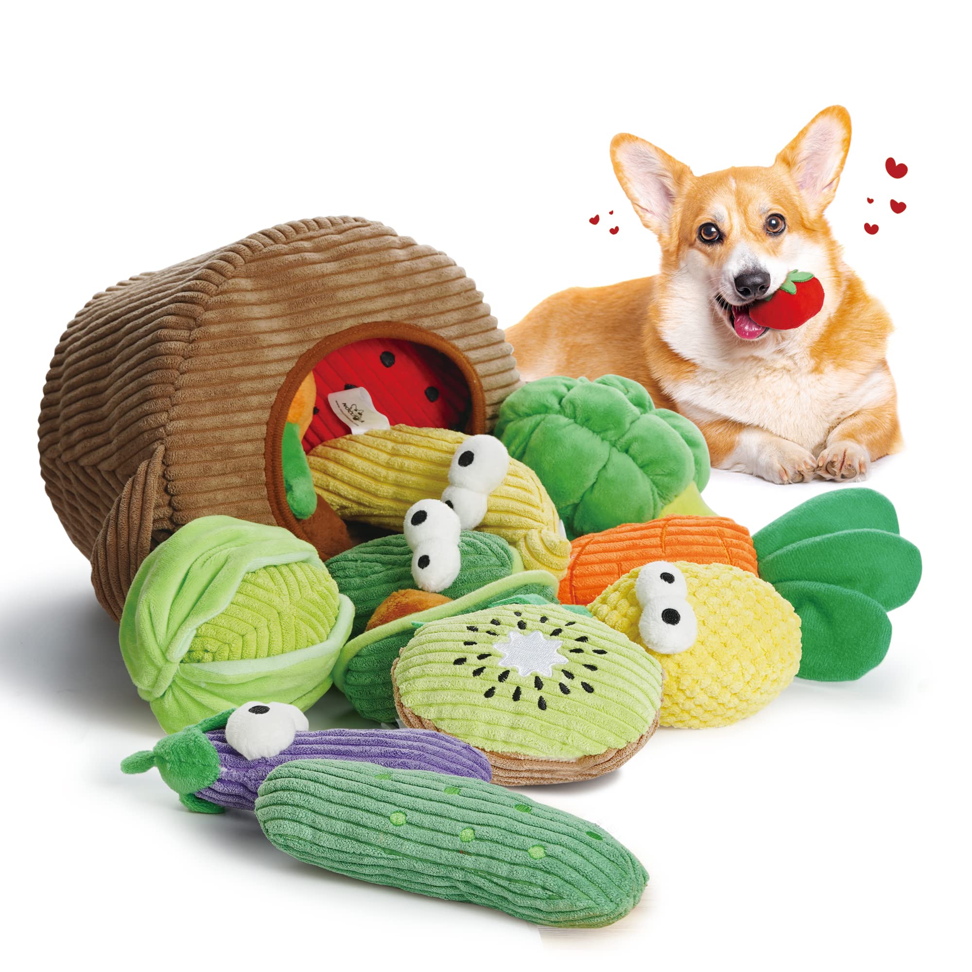 Photo 1 of Nocciola Small Squeaky Crinkle Dog Toys- 15 Packs Grocery Basket Fruits Veggies Puppy Toys to Keep Busy, Cute Durable Plush Stuffed Hide Seek Cognitive Boredom Pet Supplies, Dog Birthday Gifts