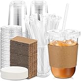 Baderke 50 Sets Clear Plastic Coffee Cups with Leak-proof Paper, Cup Sleeves, Lids, and Straws, Disposable PET Cups for Iced Coffee, Cold Drinks, Juice, Smoothie, Milkshake, Cafes, Party(16 oz)