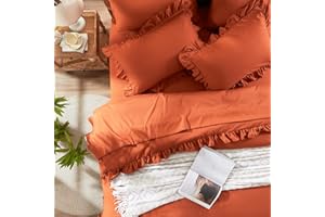 Anluoer Queen Comforter Set 7 Piece, Burnt Orange Bed in a Bag with Sheets, All Season Ruffle Shabby Chic Bedding Sets with 1 Comforter, 2 Pillow Shams, 2 Pillowcases, 1 Flat Sheet, 1 Fitted Sheet