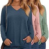 Velvelhall 3 Pack Women's Plus Size T-Shirt, Raglan Long Sleeve V Neck Tunic Tops Loose Fit Casual Basic Tee Shirt