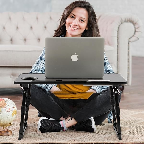 DECOSIS LAPTOP DESK FOR BED HEIGHT ADJUSTABLE, LAP BED TABLE WITH USB/STORAGE DRAWER/CUP HOLDER/TABLET STAND/BOOK SHELF, FOLDABLE BREAKFAST TRAY PORTABLE FOR READING WRITING, SOFA & FLOOR, BLACK