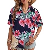 Women Hawaiian Shirt Button Down Summer Tops Beach Cool Short Sleeve V Neck Blouse