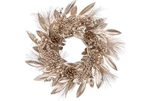 ARBORUS 16" Artificial Christmas Wreaths for Front Door Champagne Wreath with Pinecones and Magnolia Leaves for Christmas Thanksgiving Winter Holiday Door Decoration