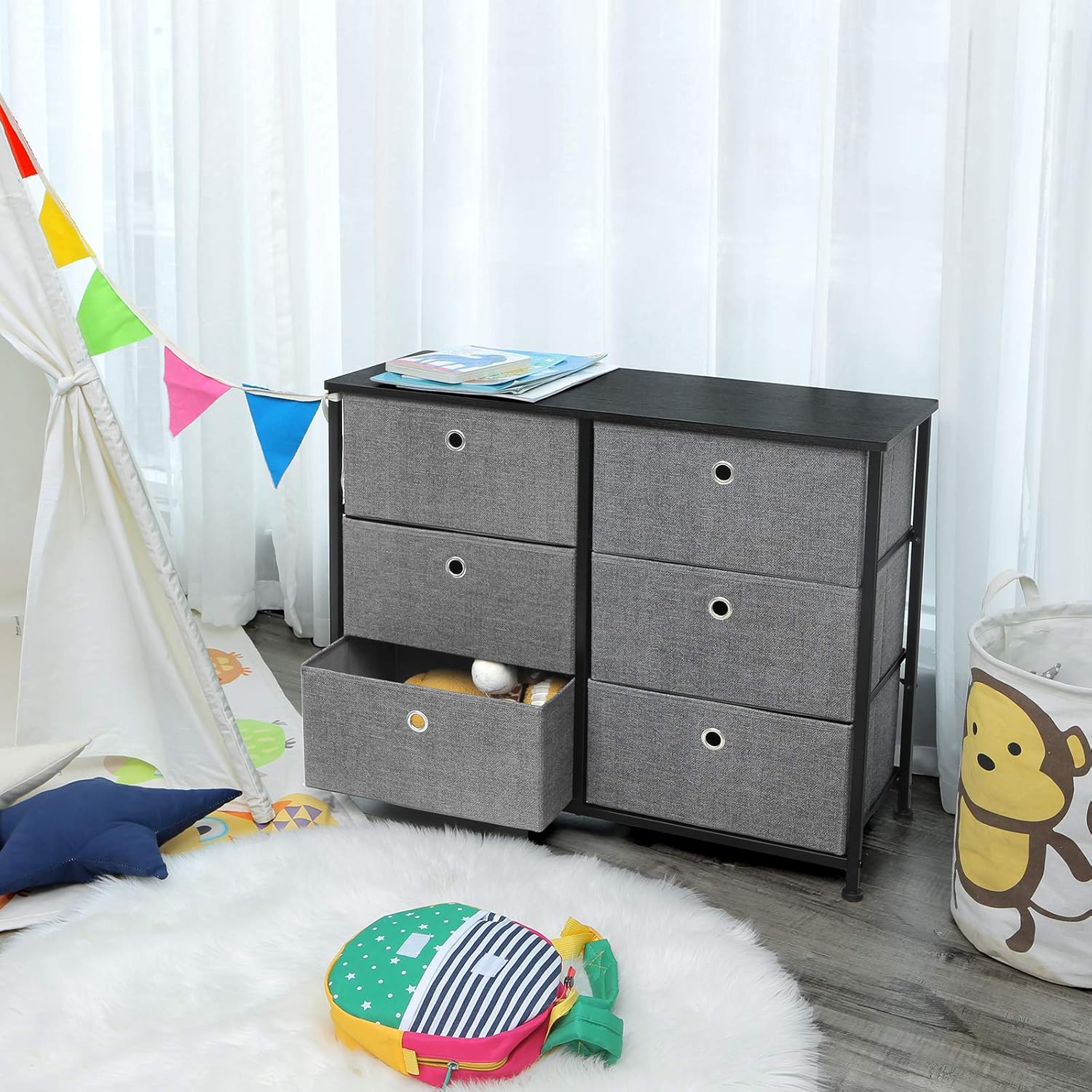 SONGMICS 3-Tier Wide Dresser, Storage Unit with 6 Easy Pull Fabric Drawers, Metal Frame, and Wooden Tabletop, for Closet, Nursery, Hallway, 31.5 x 11.8 x 24.8 Inches, Gray ULTS23G: Furniture & Decor