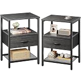 Huuger Nightstand Set of 2, Night Stand with Fabric Drawer, Mesh Shelf, Side Table with Storage, Fabric Drawer Dresser, Open Shelf, Metal Frame, Bedroom, Charcoal Black Wood Grain Print