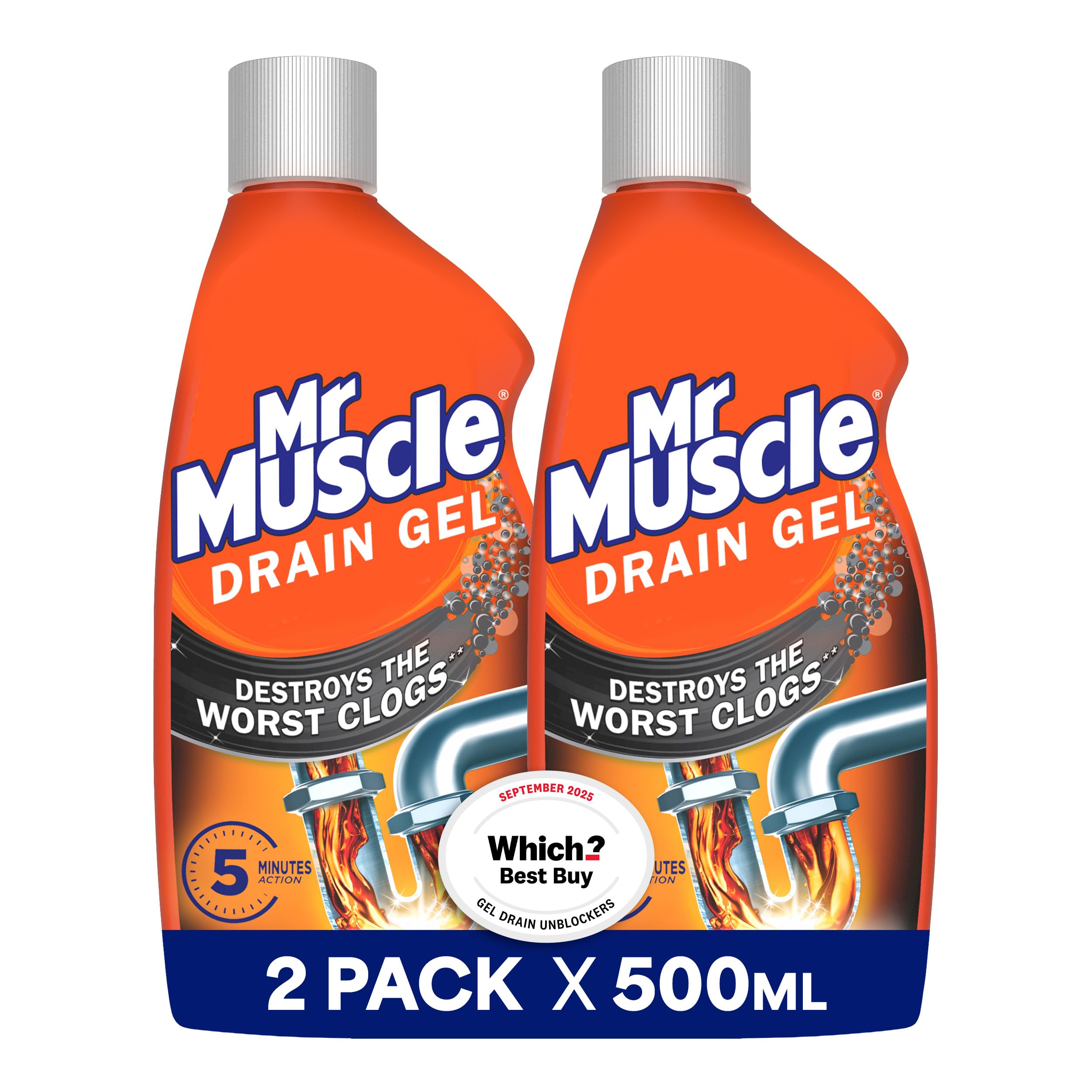 Mr Muscle Drain Unblocker, Sink & Drain Cleaner, Fast Acting Heavy Duty Drain Gel, Dissolves Clogs, Works 3x Better Than Bleach, Safe for All Pipes, Duo Pack (2 x 500ml)