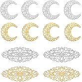 BENBO 80PCS Filigree Wrap Charm Pendant Connector, Metal Hollow Moon Wraps Connector Tibetan Style Oval Joiners Links Brass Filigree Embellishments Wrap Pendants for DIY Jewelry Making (2 Colors)
