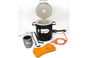DEVIL-FORGE Gas Propane Furnace FB2M Full Kit - 10Kg Crucible Tongs Heat Resistant Gloves 1 DFC Burner (180.000 BTU) Foundry Jewelers Metalsmiths Refiners 2642°F/1450°C Brass Copper Bronze Silver etc