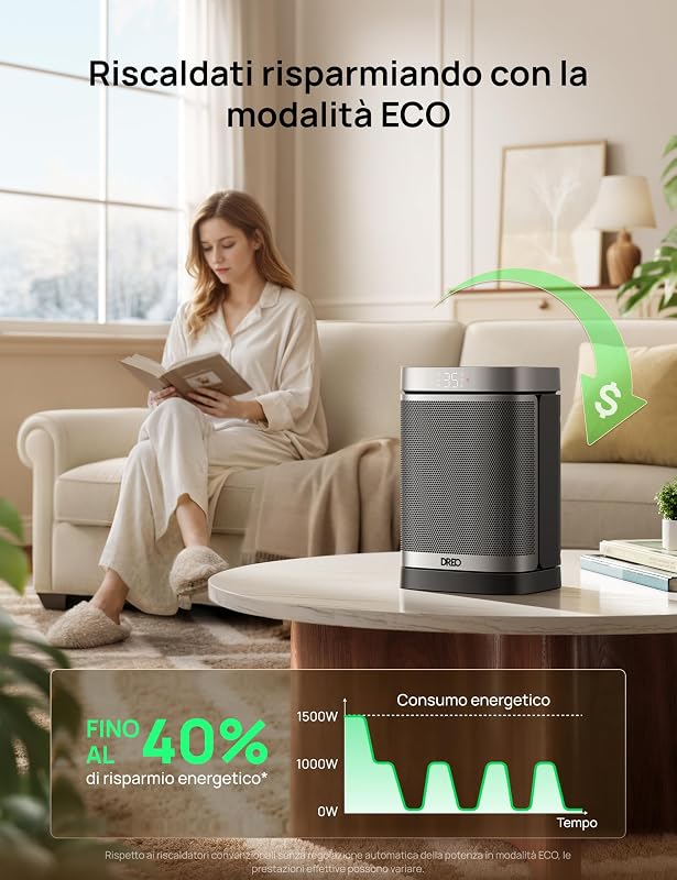 Termoventilatore a risparmio energetico, silenzioso, riscaldamento elettrico da 1500 W, con telecomando, riscaldamento elettrico oscillante a 70°, timer da 12 ore, 3 modalità 3 velocità,