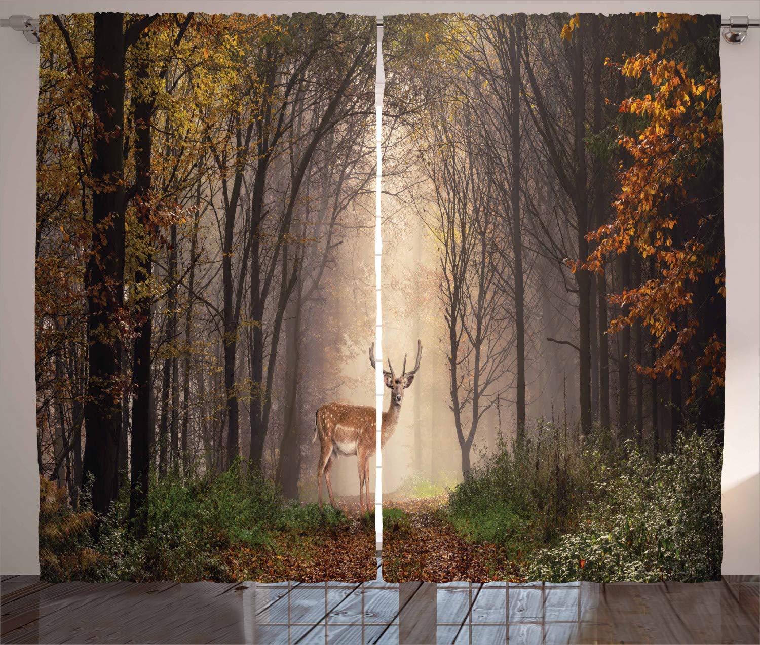 ABAKUHAUS Wildlife Curtains, Stag Deer Discovers a Dreamy Misty Hazy Forest Autumn Tree Foggy Mystical Pathway, Living Room Bedroom Window Drapes 2 Panel Set, 69 W X 110 L, Brown Green