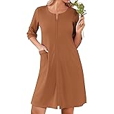 Ekouaer Women Zipper Robes Knee Length Waffle Knit Bathrobe Lightweight House Coat with Pockets 3/4 Sleeves Loungewear S-3XL
