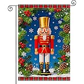 HOMETITUTE Christmas Garden Flag Double Sided 12x18 Inch Burlap Winter Garden Flag Nutcracker With Pinecones Holly Snowflakes Plaid Border Seasonal Flags Christmas Holiday For Patio Lawn Decoration