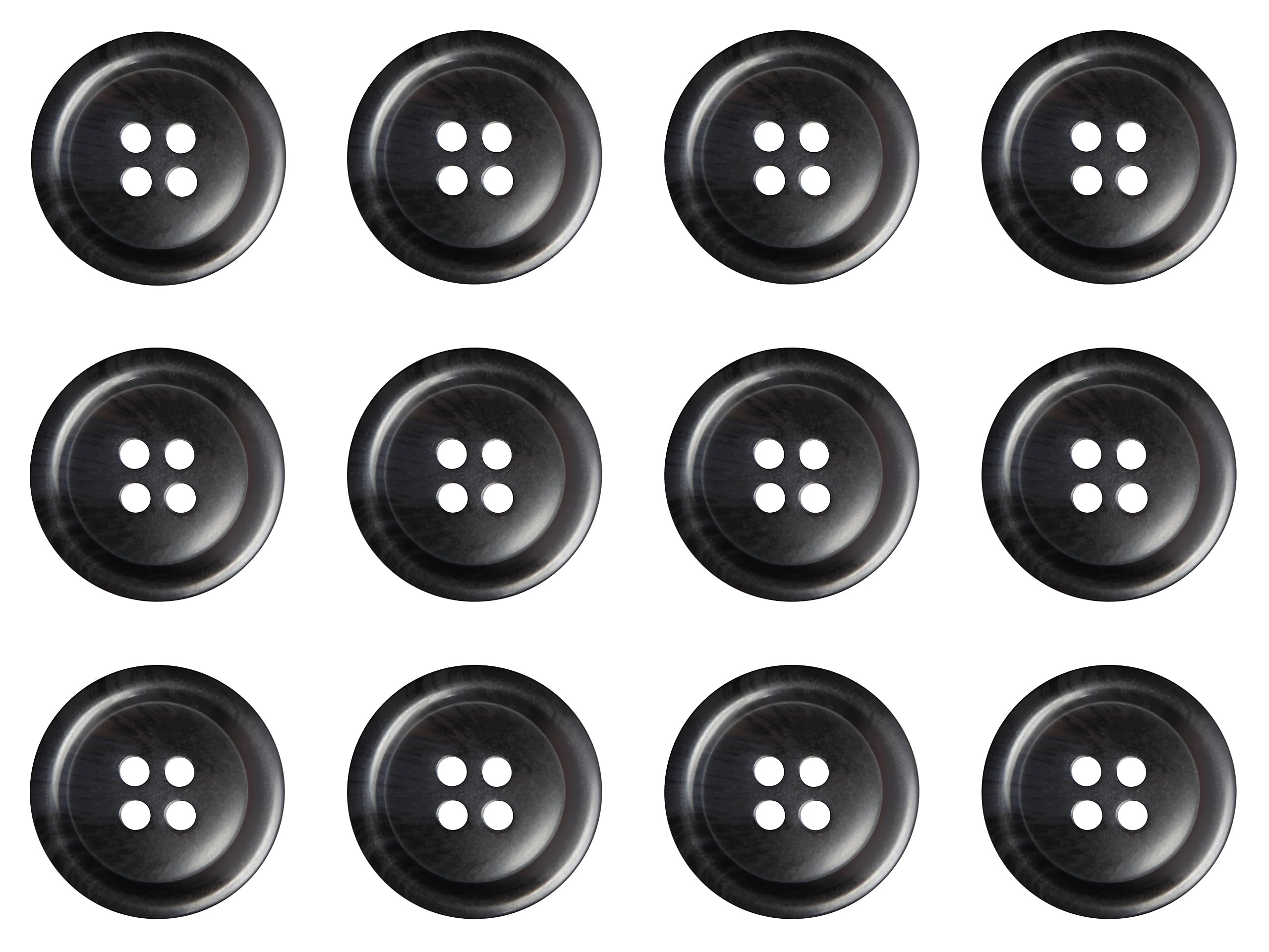 Pack of 12 Black and Grey 20mm Round Faux Horn Sew On Plastic Buttons for Coats Jackets Cardigans Flat 4 Holes 32L