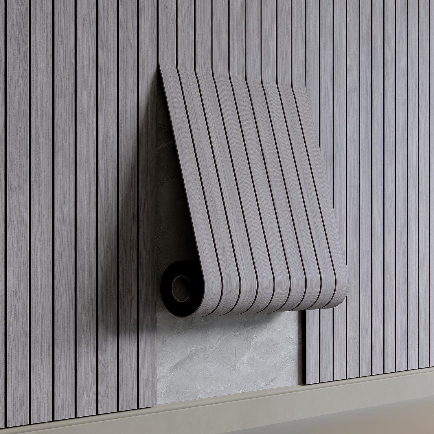 Photo 1 of YU LI 3DH Peel and Stick PVC Slat Wall Panel 236"x15.75" Self-Adhesive Thick Faux Grey Wood Grain Wallpaper Panel 3D Soundproof Wall Panels for Walls & Ceilings