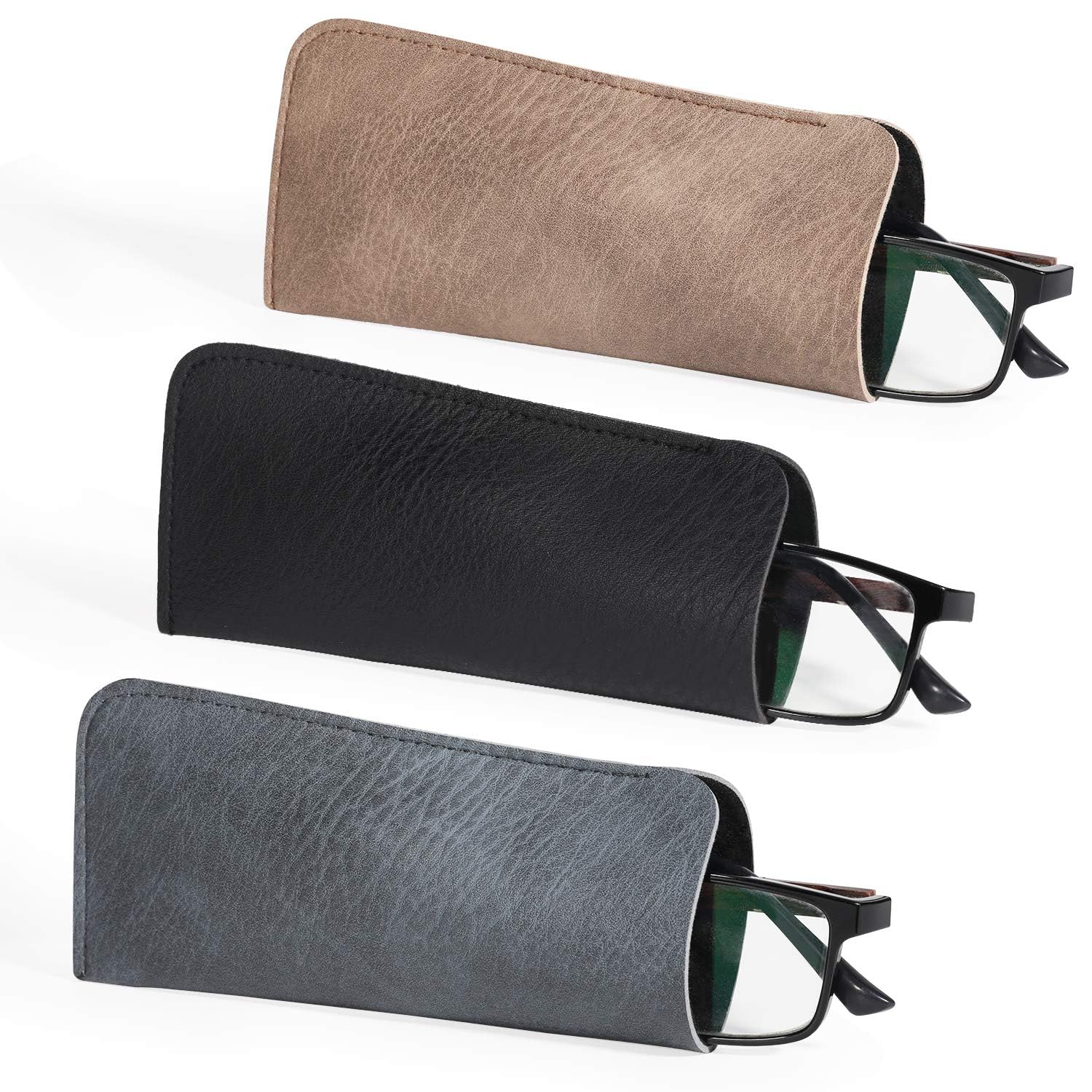 Hifot Leather Eyeglasses Case 3 Pack, PU Leather Soft Reading Glasses Pouch Spectacles Bag for Women Men Kids