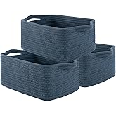 OIAHOMY Cotton Rope Woven Baskets for Storage, Nursery Rectangle Storage Basket with Handles for Shelves, Pack of 3, Blue