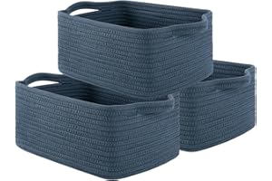 OIAHOMY Cotton Rope Woven Baskets for Storage, Nursery Rectangle Storage Basket with Handles for Shelves, Pack of 3, Blue