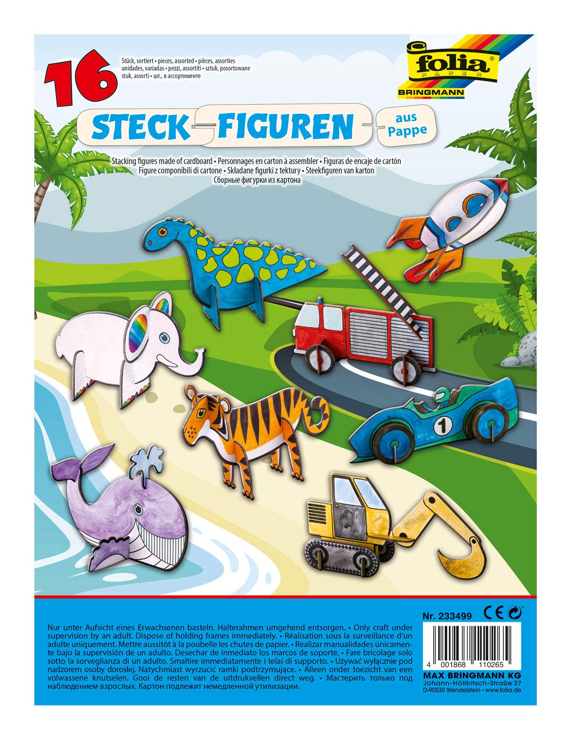 folia 233499 Cardboard Figures, 16 Assorted Designs, Vehicles and Animals, Ideal for Crafts and Designing with Children