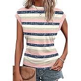 Bliwov Womens Summer Tops Cap Sleeve Crew Neck T Shirts Spring Trendy Fashion Outfits Business Beach Vacation Blouses Clothes