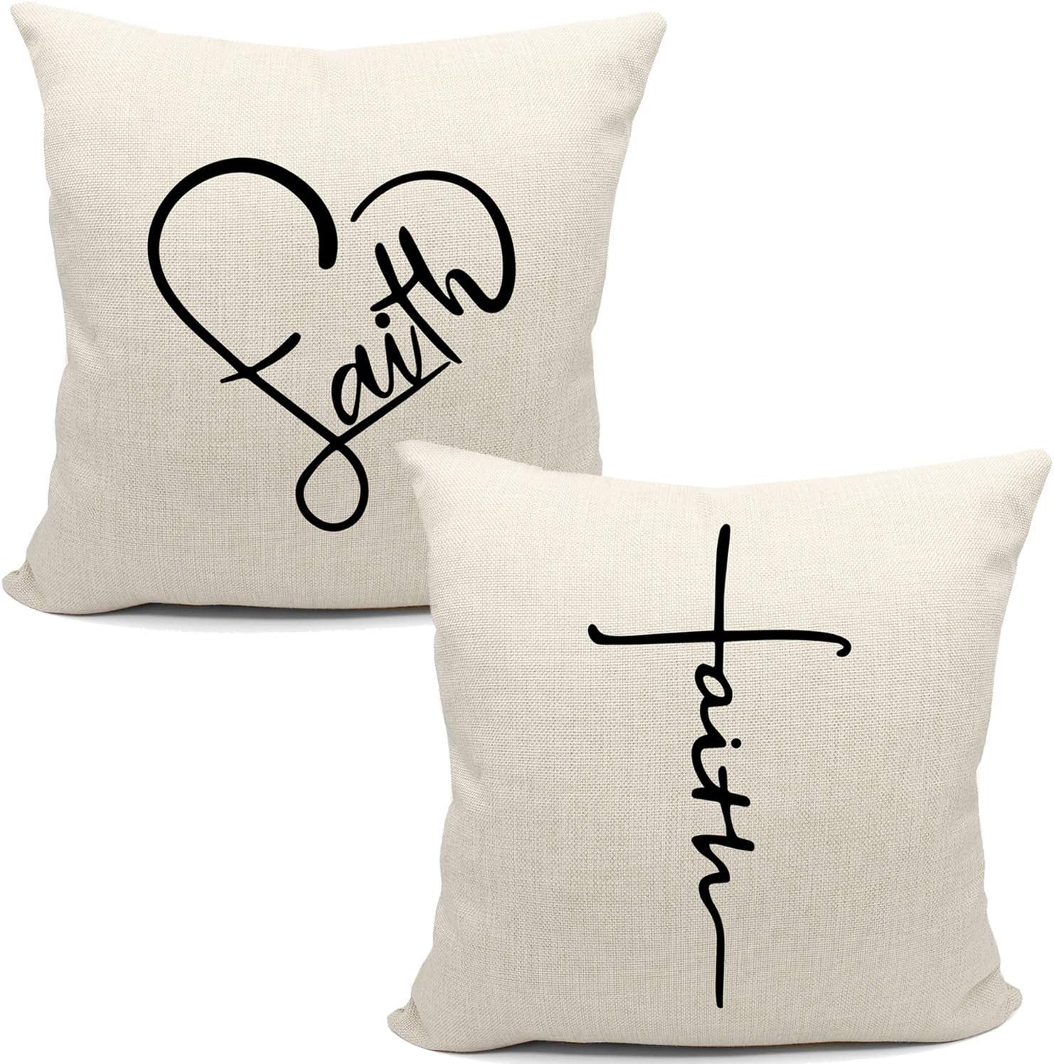 Faith Throw Pillow Case, Christian Decor, Christian Gift, Christian lovers Gift, valentine's day Gifts, Anniversary, Wedding, 18 x 18 Inch Linen Cushion Cover for Sofa Couch Bed Set of two