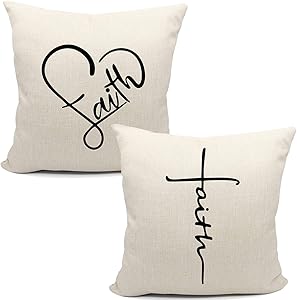Faith Throw Pillow Case, Christian Decor, Christian Gift, Christian lovers Gift, valentine's day Gifts, Anniversary, Wedding, 18 x 18 Inch Linen Cushion Cover for Sofa Couch Bed Set of two