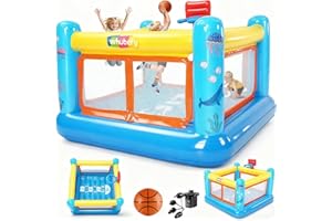 AKEYDIY Bounce House, PVC Inflatable Bounce House for Kids 3-6, Indoor Outdoor Bouncy House, Jumping Castle with Basketball Hoop, Game Map, Blower & Basketball Included