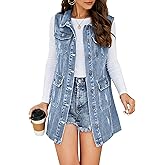 Flygo Womens Casual Button Up Sleeveless Denim Jean Mid Long Vest Gilet Jacket