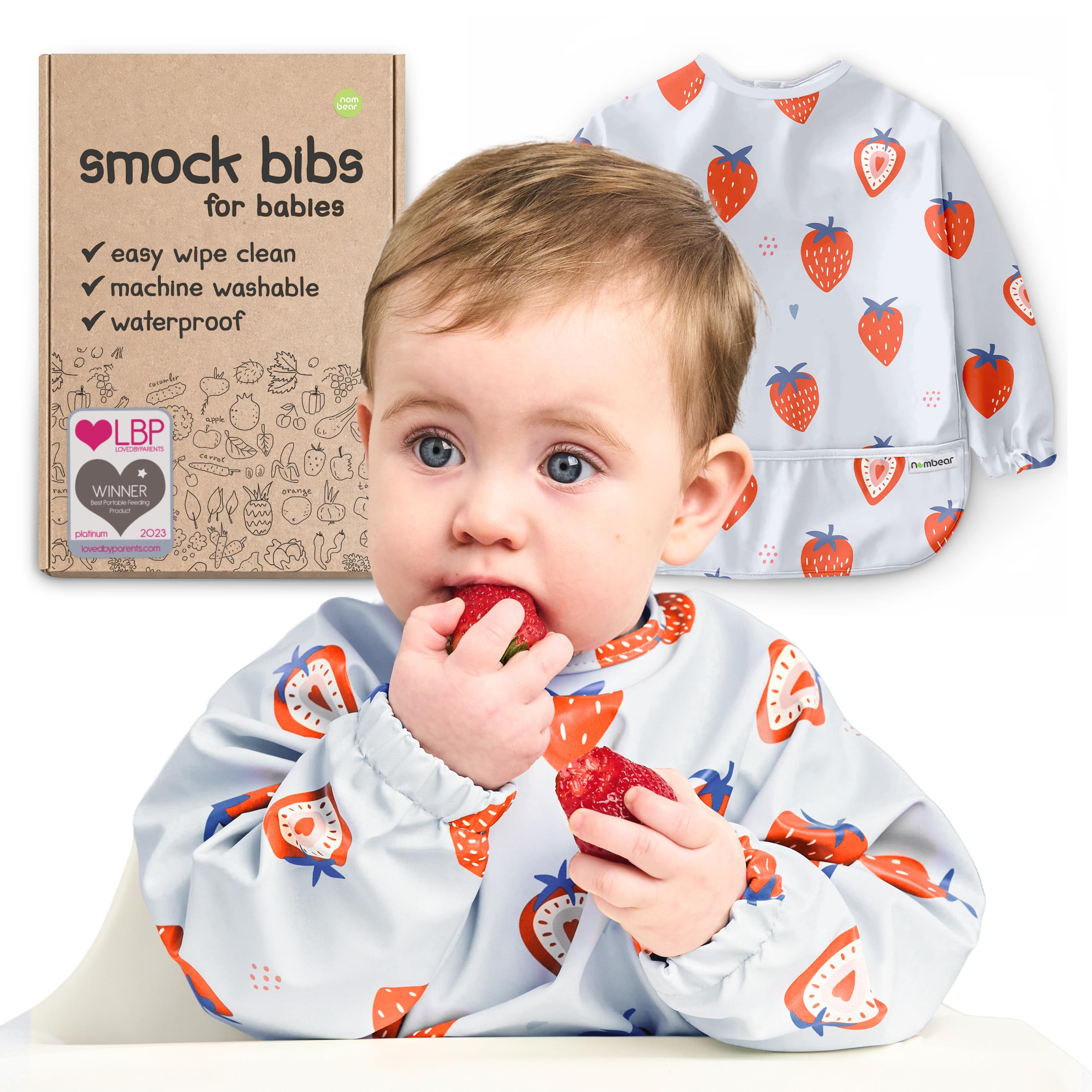 Nombear Baby Bibs with Sleeves for 6-24 Months, 1 Pack - Easy Wipe Clean, Machine Washable Baby Weaning Bib with Sleeves, Waterproof Long Sleeve Bibs, Non Silicone and Coverall Bib