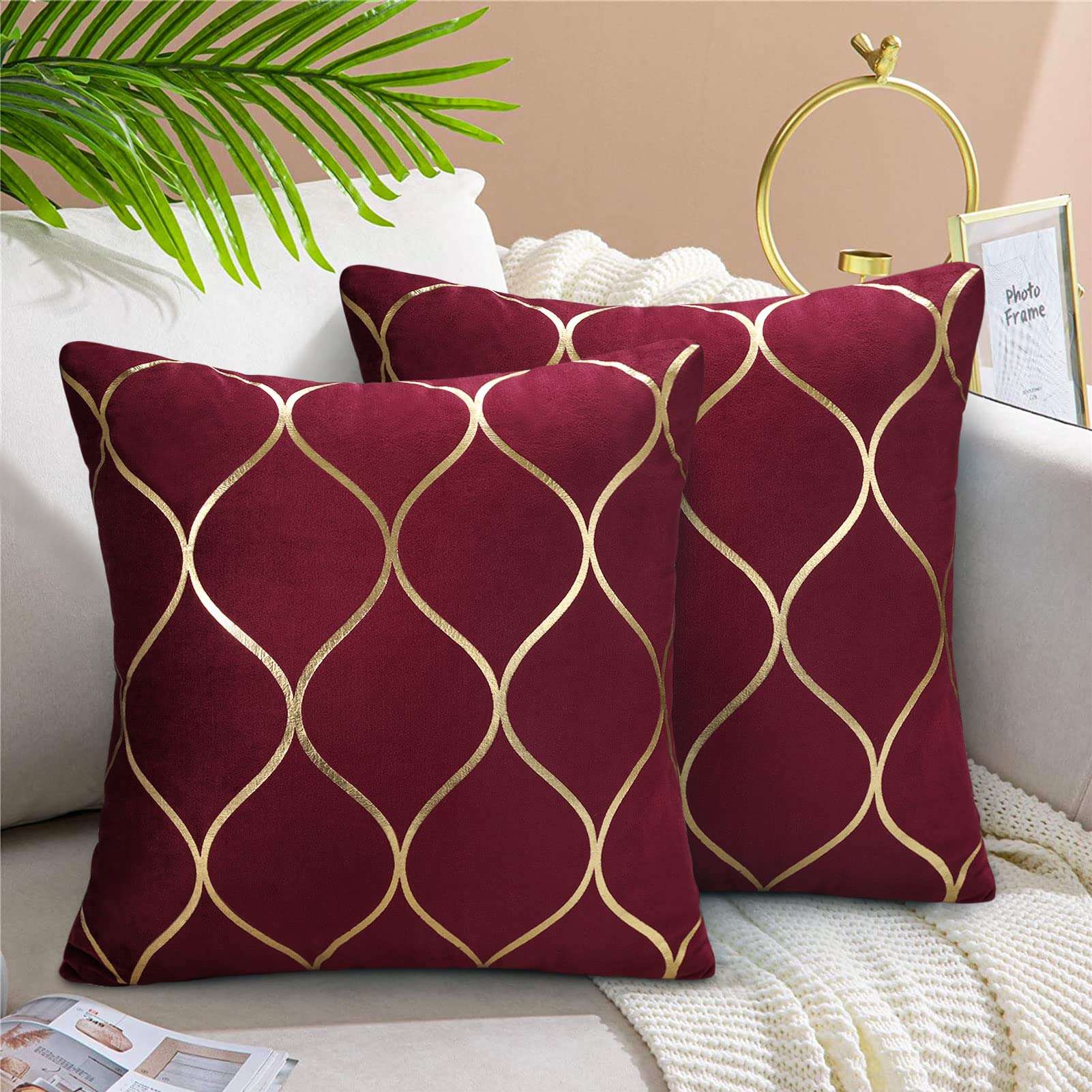 Hanrunsi Decorative Cushions Covers for Sofa 40 x 40 cm Modern Wine Red Throw Pillow Case Velvet Decor Pillows Covers Soft for Patio Garden Blench Livingroom Sofa with Invisible Zipper Pack of 2