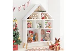 Curipeer Kids Dollhouse Bookshelf and Baby Storage - Wooden Stand Dollhouse Bookcase with 4-Tier Storage Display Organizer, Children Bookshelf for Playing Room, Nursery - White