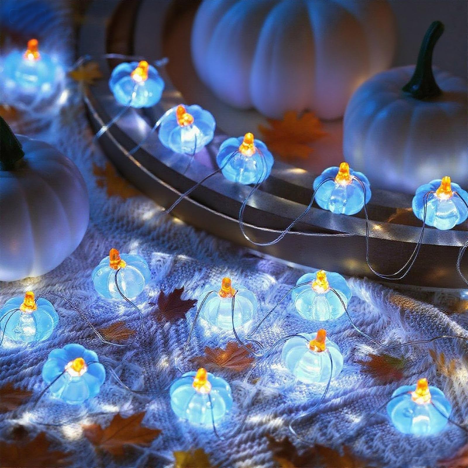 Photo 1 of Glooglitter 2 Pcs Fall Thanksgiving String Lights 6.5 ft Blue Pumpkin Lights String Baby Shower Decorations for Thanksgiving Halloween Indoor Window Tree Yard Porch Door Decor