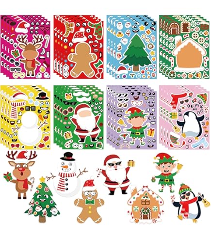JOYIN 48 Hojas De Calcomanías Navideñas Para Hacer Que Tus Propios Personajes Mezclen Y Combinen Con Papá Noel, Renos, Pan De Jengibre, Muñeco De Nieve Y Elfo, Suministros De Recuerdo De