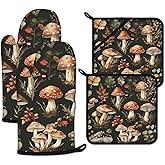 Watercolor Forest Mushroom Oven Mitts and Pot Holders Sets Heat Resistant 4Pcs Potholders Oven Gloves Hot Pads for Kitchen Baking Cooking Grilling BBQ