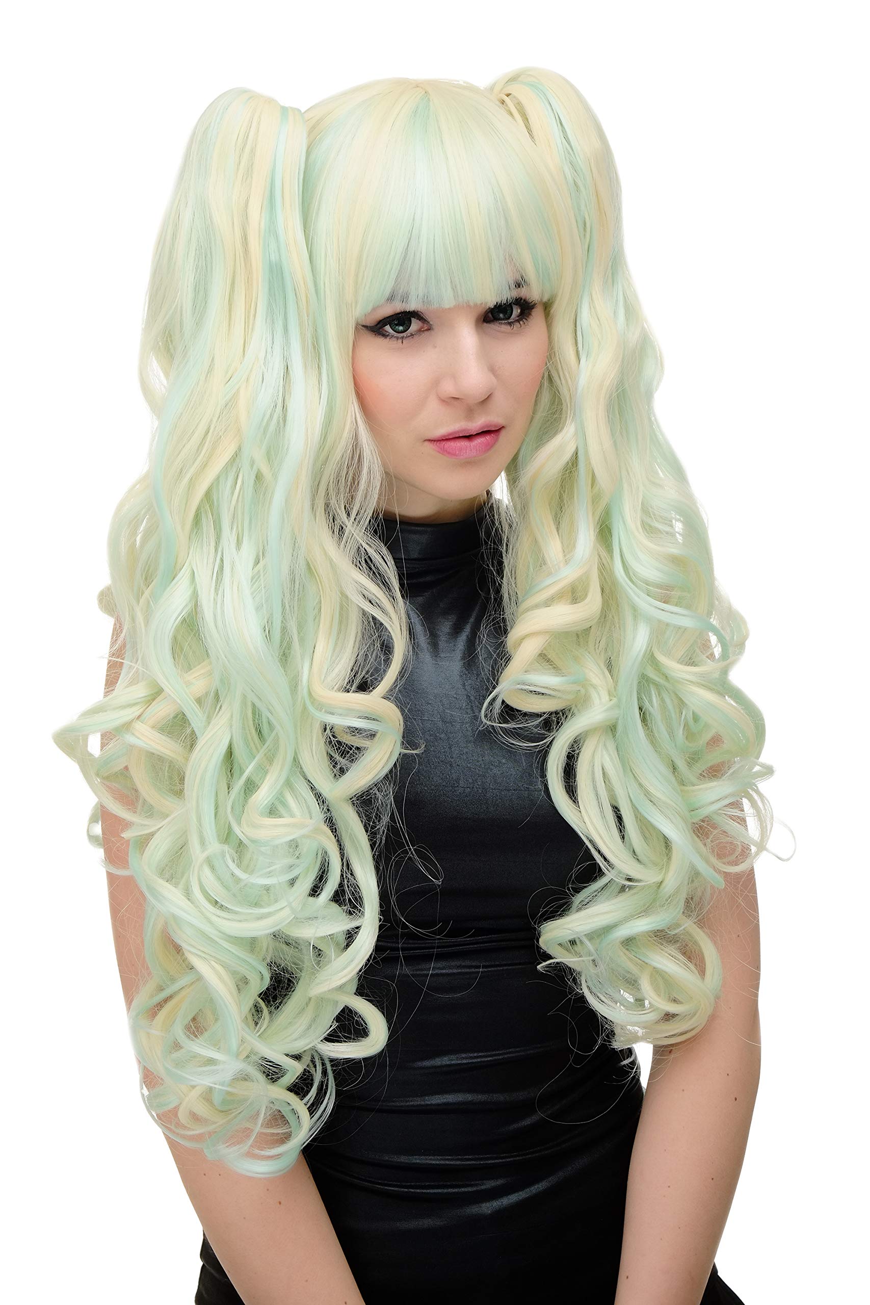 WIG ME UP - YZF-7092L+A-T5507/613 Quality Lady Cosplay Wig & 2 removeable Ponytails pigtails long curl bangs bright blond light blue mix