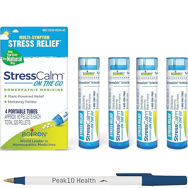 BOIRON STRESSCALM ON THE GO FOR RELIEF OF STRESS, ANXIOUSNESS, NERVOUSNESS, IRRITABILITY, AND FATIGUE, 80 COUNT PER TUBE – 4 TUBES WITH PEAK10 HEALTH PEN