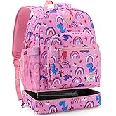 Kasqo Kids Backpack Lunch Bag,2-in-1 Insulated 16” Lunch Backpack for 6-10 Year Child Boys Girls Schoolbag Bookbag for Elementary Pink Dinosaur