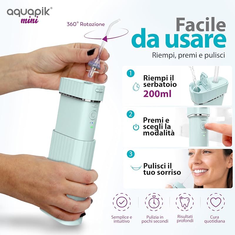 Aquapik® Mini Idropulsore Dentale Portatile 200ml USB-C 3 Modalità IPX8 Jet