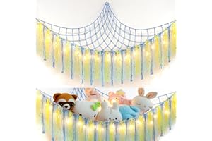 Dremisland Stuffed Animals Storage with Fairy Lights Hammock Hanging Stuffed Animal Storage Organizer Holder with Lace Tassel