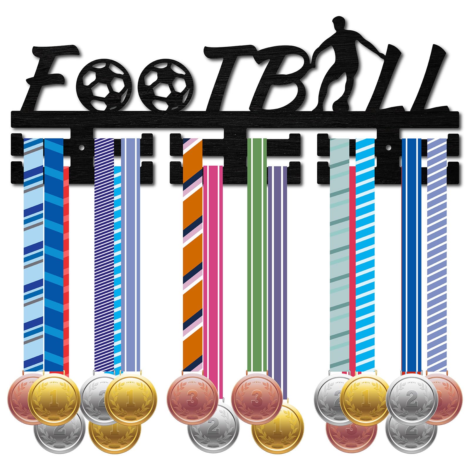 CREATCABIN Football Medal Holder Soccer Sport Medal Hanger Medal Rack Display Wooden Wall Rack Mounted over 30 Medals for Swimming Bicycle Gymnastics Athletes Champions Medalist Black 15.7x5.9Inch
