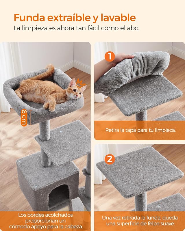 Pequena árvore para gatos, 135 cm, condomínio de peluche de vários níveis, com cobertura de plataforma removível e lavável, costas para arranhar, cesto, caverna, cinzento claro