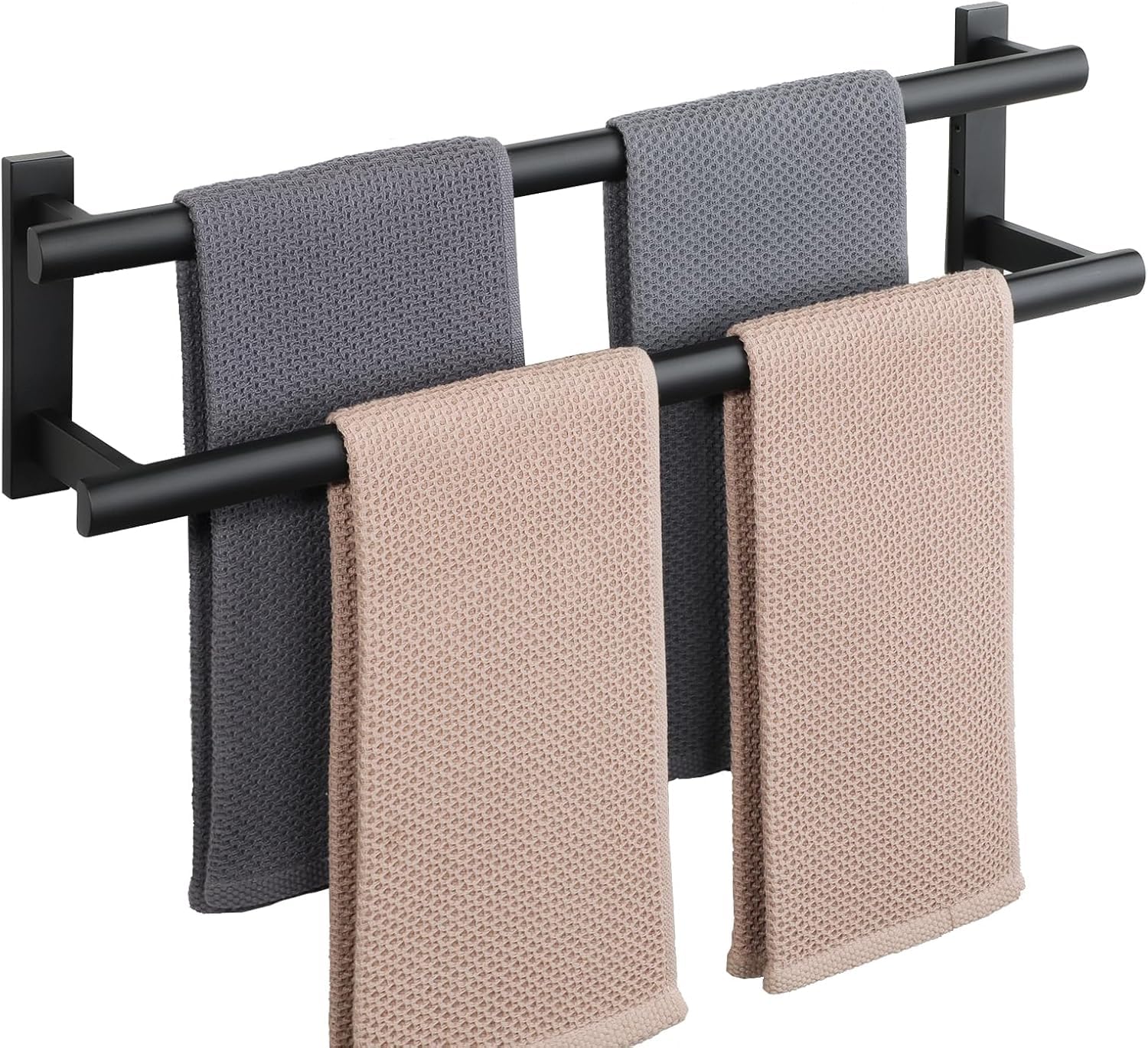 SAYAYO Double Towel Rail Wall Mounted 60CM Bathroom Towels Holder Black, Stainless Steel Dual Rod Long Towel Rack for Shower Toilet Kitchen