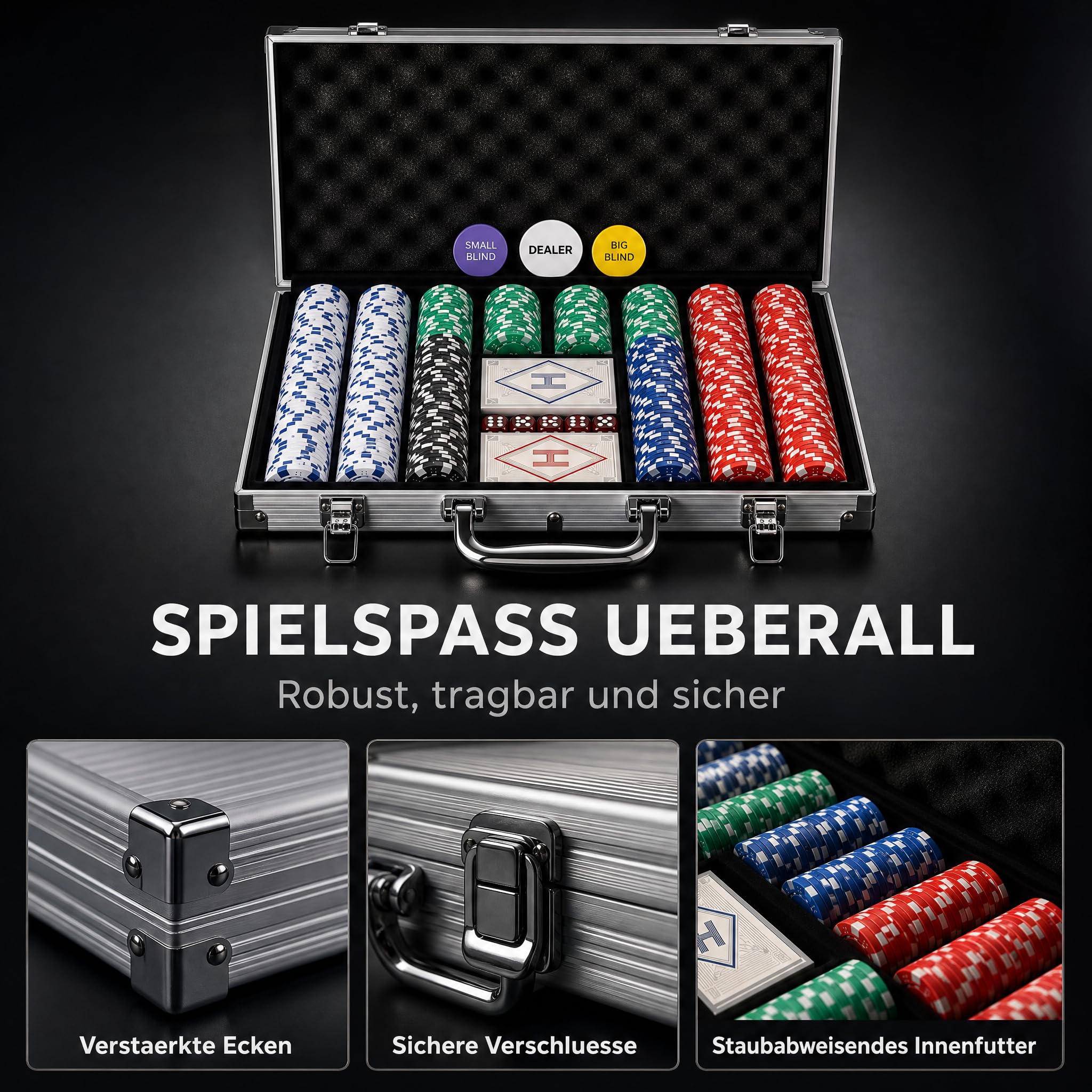 HEITOK Profi Pokerkoffer mit Nummern, 11,5g Composite Resin Pokerchips Set mit Eisenkern, Verstärkter Aluminium Koffer für Texas Hold'em & Blackjack, Premium Set mit Pokerkarten, Dealer, Blind Button 7