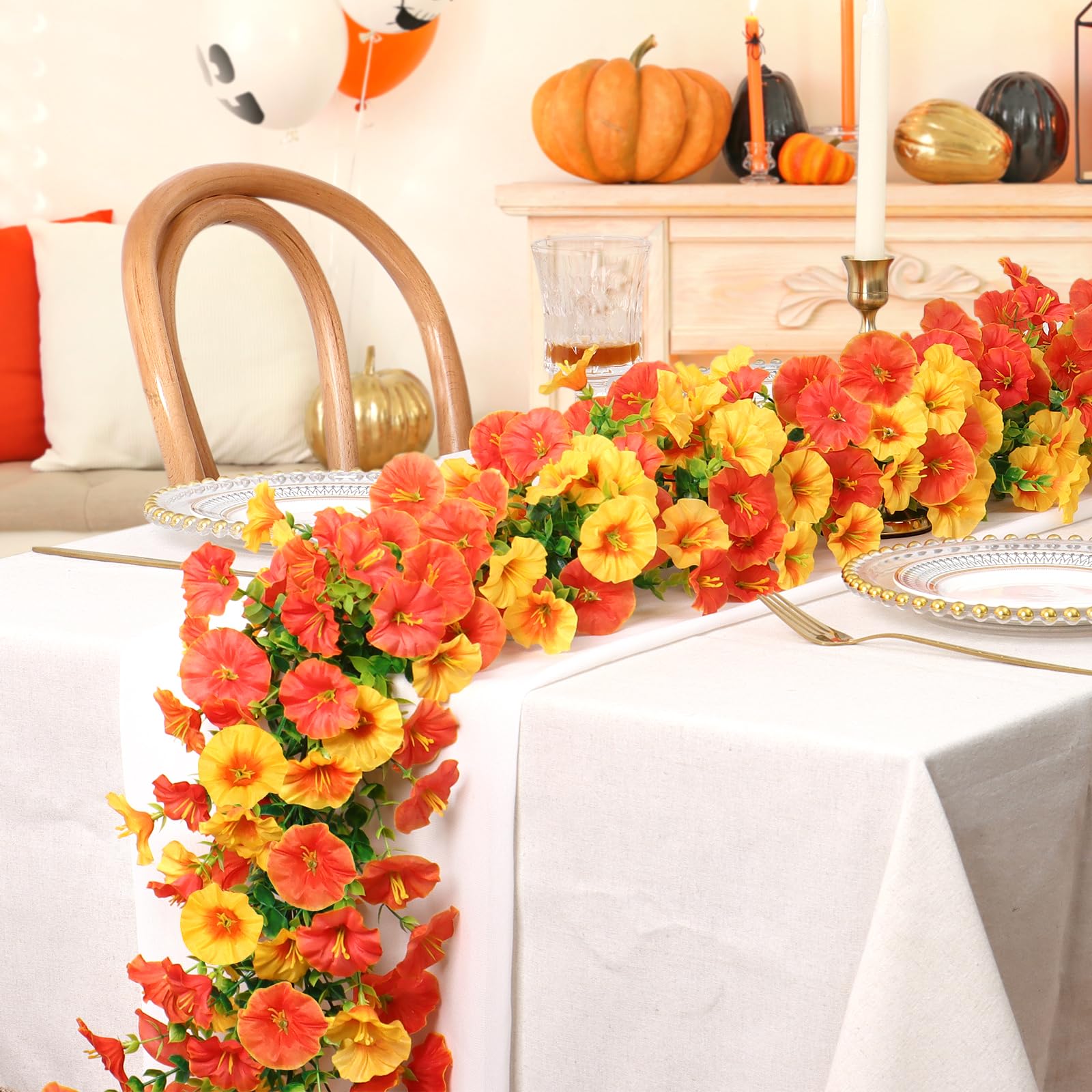 Photo 1 of Dremisland Fall Artificial Flowers Garland 2Pcs 5.9Ft Artificial Fall Morning Glory Flower Vines UV Resistant Orange Yellow Hanging Autumn Floral Vines for Home Garden Wedding Party Thanksgiving Decor