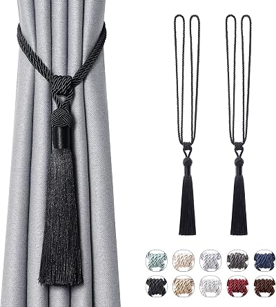 Pretty Jolly 2 Pack Long Tassel Curtain Tiebacks Handmade Rope Knot Black