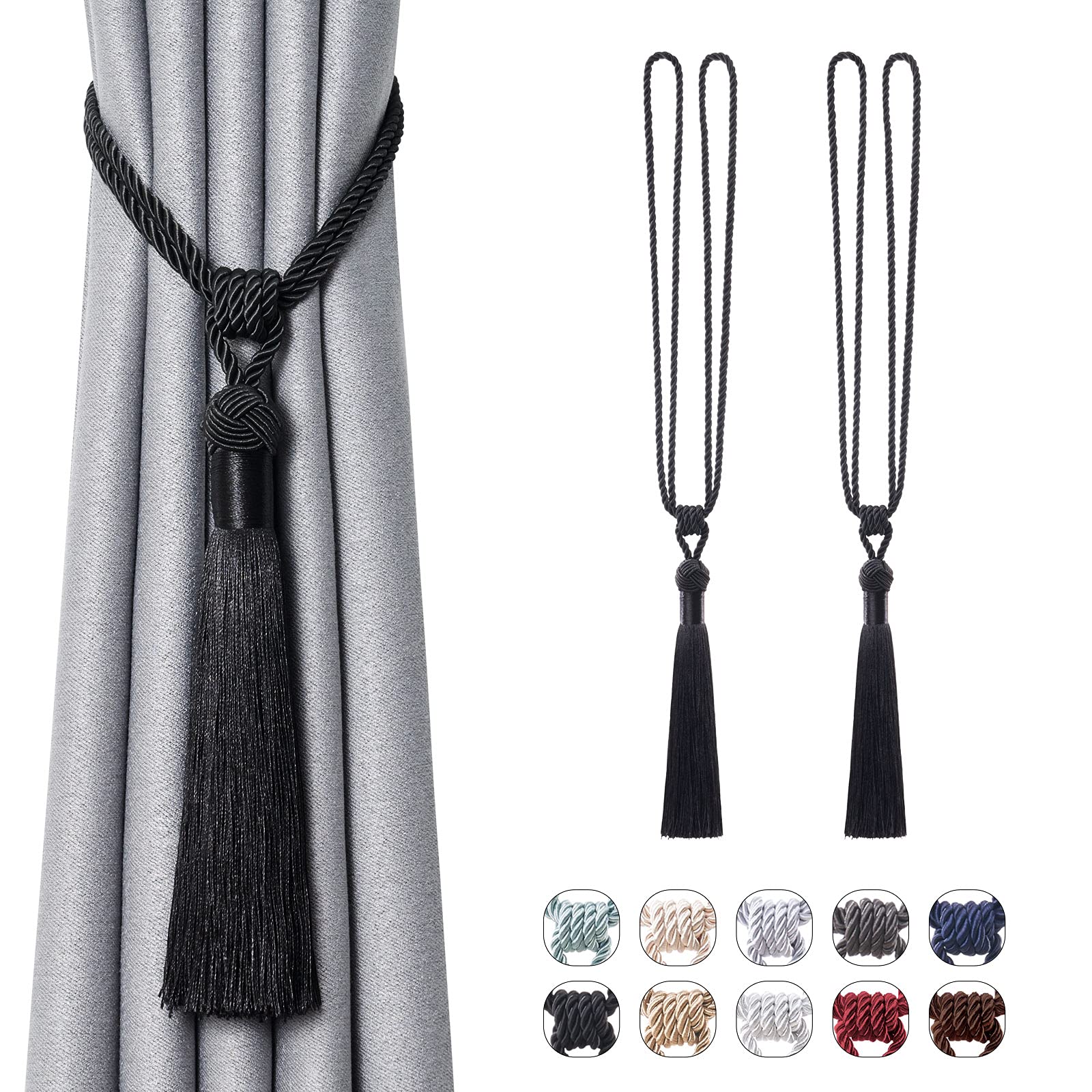 Pretty Jolly 2 Pack Long Tassel Curtain Tiebacks Handmade Braided Rope Knot Drape Tie Backs European Style Decorative Curtain Holdbacks for Home & Office Window Drapery (Black) — image 1