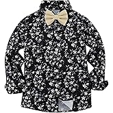 YALLET Boys Long Sleeve Shirts Button Down Print Dress Wedding Outfits Formal Casual Clothes with Bow Tie 5-10T