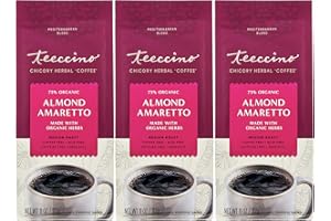 Teeccino Almond Amaretto Chicory Coffee Alternative - Ground Herbal Coffee That’s Prebiotic, Caffeine Free & Acid Free, Medium Roast, 11 Ounce (Pack of 3)