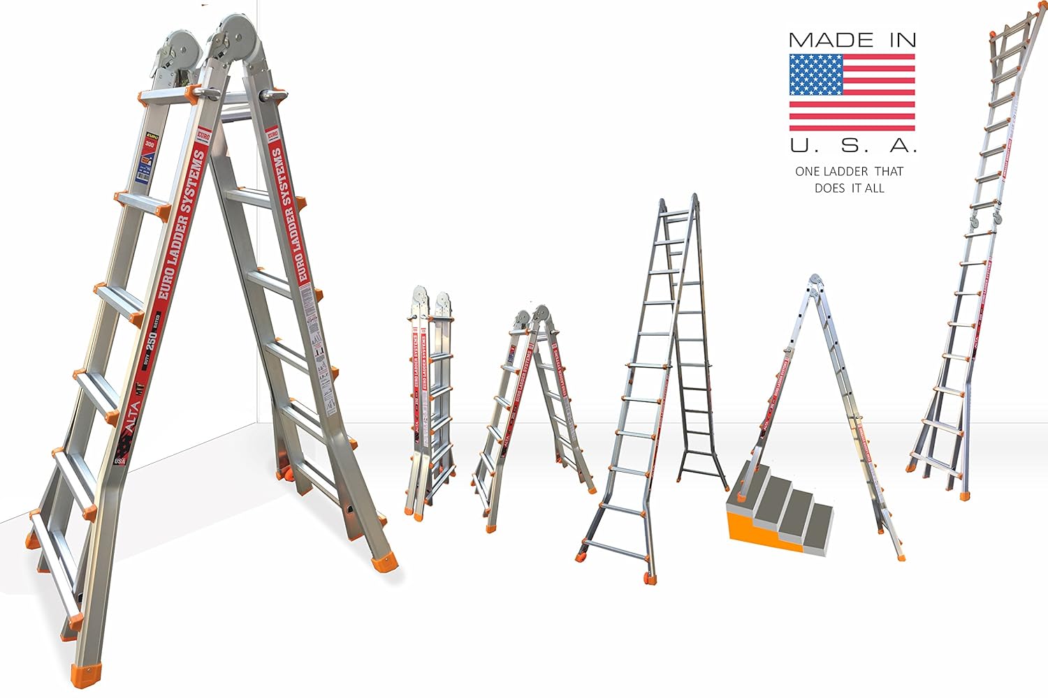Euro Alta MT Model 22 5ft to 20ft Aluminium Step ladder Multi folding Made in USA Multi