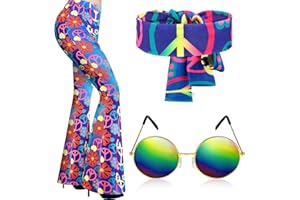 Tisancy 3 Pcs 60s 70s Outfit for Women Hippie Costume Set Disco Flared Pants Groovy Outfit Party Accessories