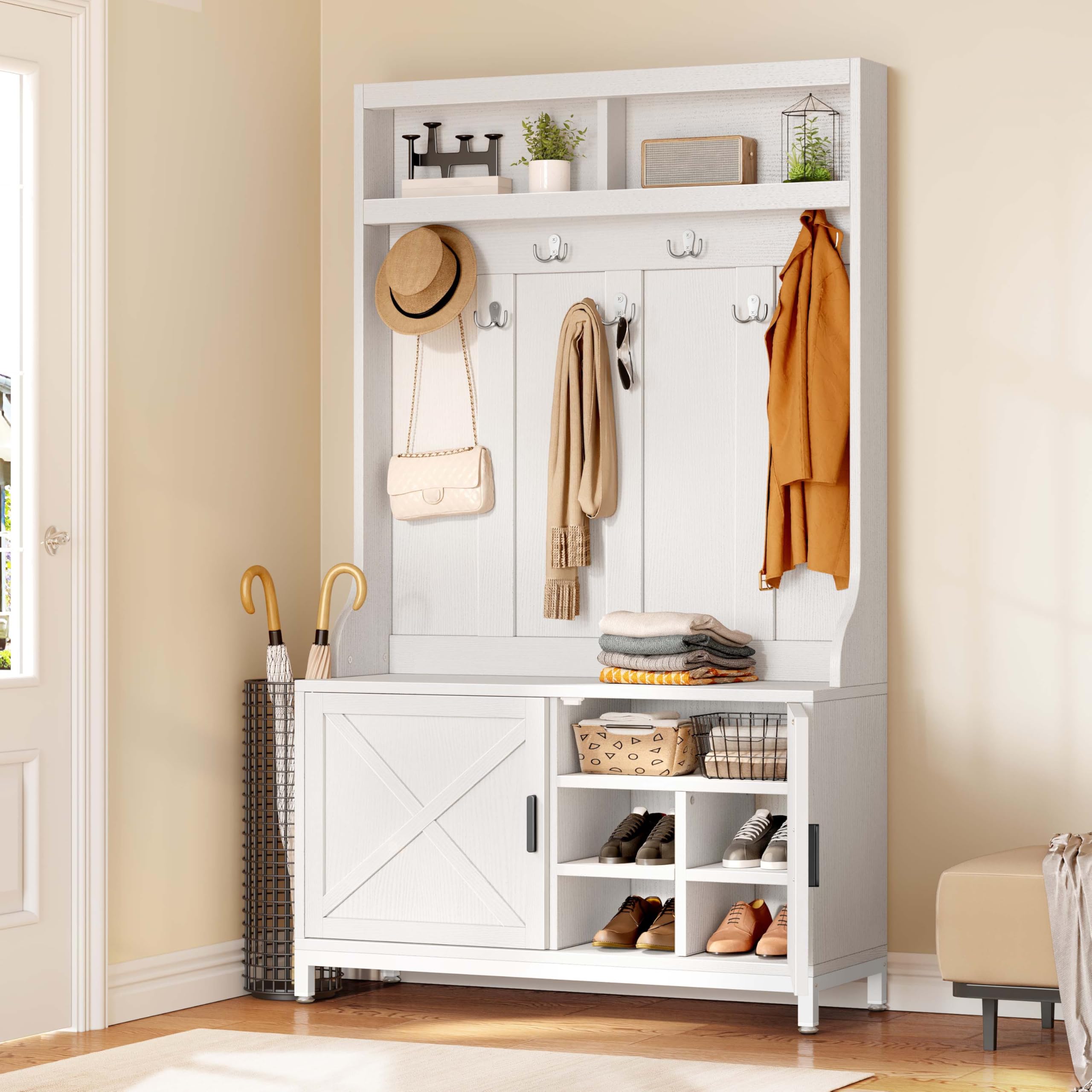 Photo 1 of YITAHOME Hall Tree with Shoe Storage Bench for Entryway, 4-in-1 Coat Rack with Bench, Entrance Organizer, Hall Tree with Adjustable Shoe Storage and Hanging Hooks, White